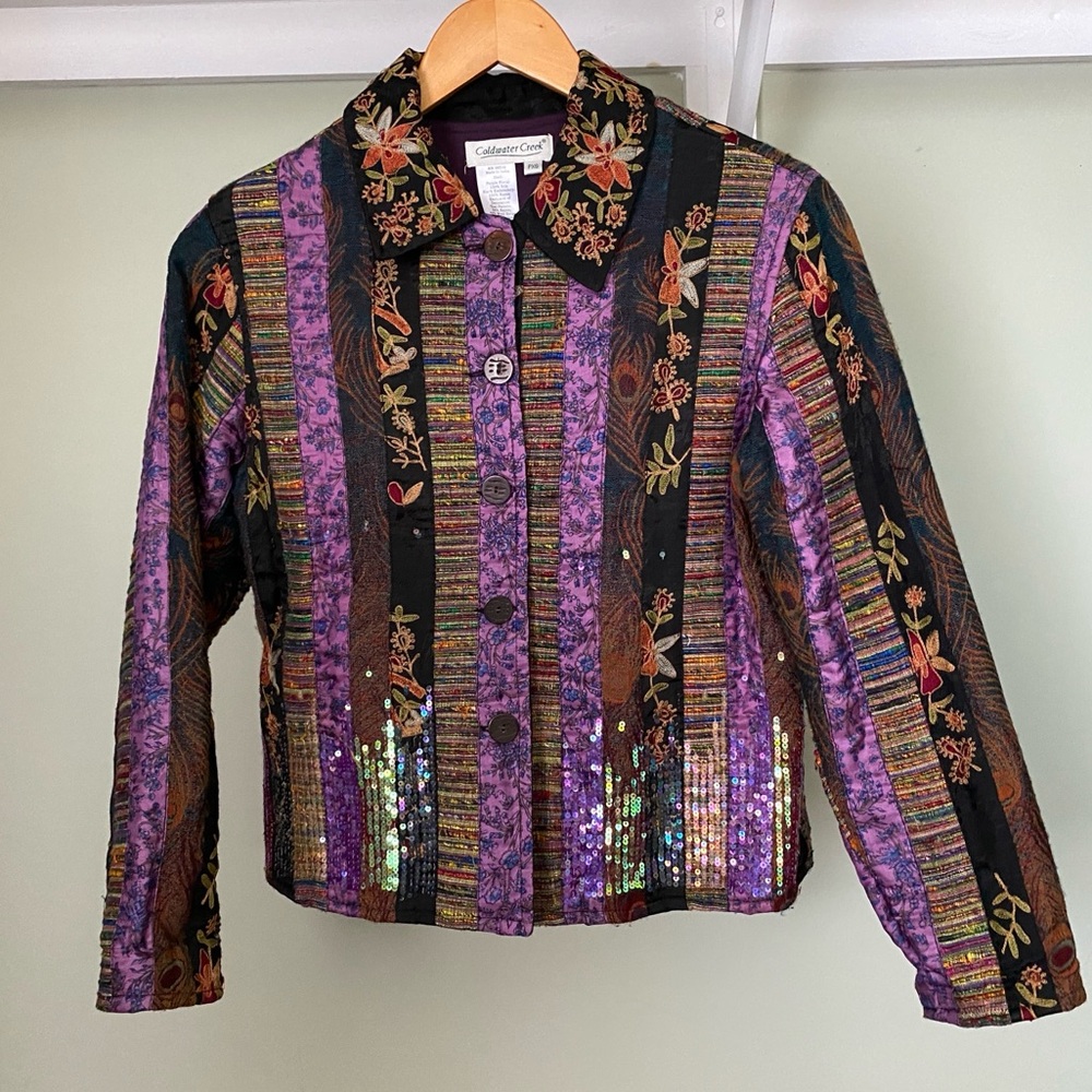 🌟VTG Coldwater Creek Padded Embroidered Boho Purple Collared Jacket Petite XS